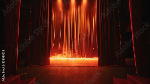 An empty stage with glowing lights and closed red curtains, ready to unveil the performance. Dramatic ambience and anticipation fill the air. photo