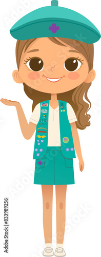 Young smiling girl scout wearing vest with badges isolated on white background. Female scouter, Junior ligue Scout Girls troop