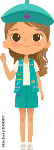 Young smiling girl scout wearing vest with badges isolated on white background. Female scouter, Junior ligue Scout Girls troop