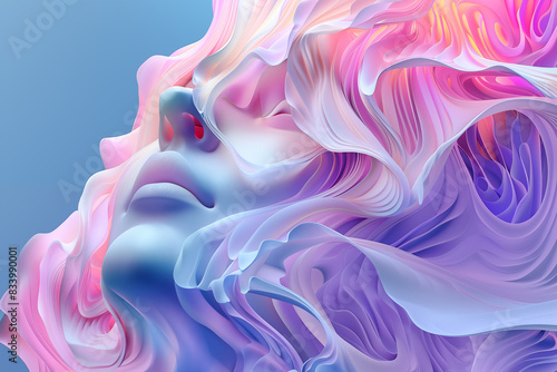 Human face with flowing waves of blue and purple hues. Swirling patterns create a sense of movement