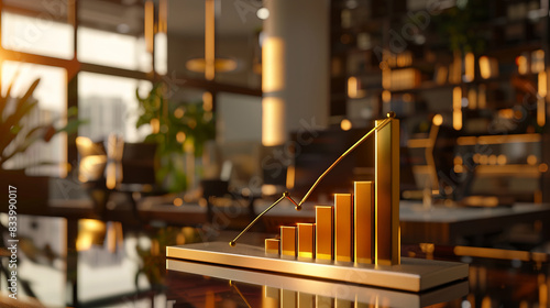 Golden bar graph and line chart on a desk in a modern office setting with sunlight streaming through large windows. © 1st footage