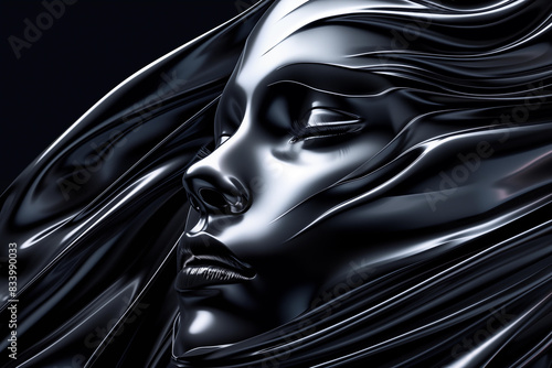 A close-up image of a black metal sculpture depicting a womans face. Monochrome palette, with flowing lines, movement of hair or liquid. Abstract surreal environment