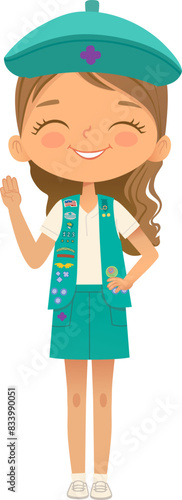 Young smiling girl scout wearing vest with badges isolated on white background. Female scouter, Junior ligue Scout Girls troop