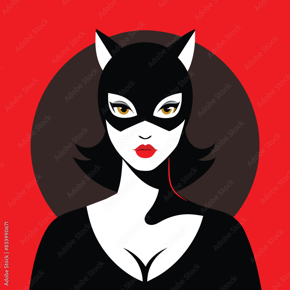 A woman in a cat mask and red lipstick poses in front of a red background. A woman in a cat mask and red lipstick poses in front of a red background.