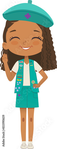 Smiling African American girl scout wearing vest with badges isolated on white background. Junior ligue Scout Girls troop