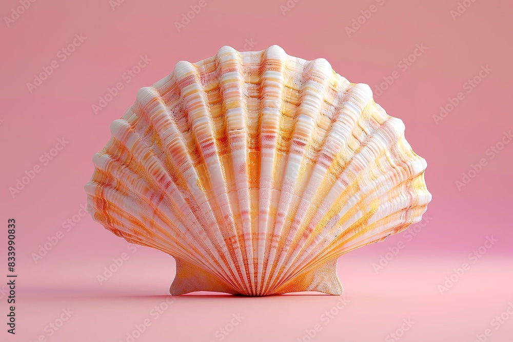 Bright scallop shell on pink, showcasing coastal style and summe Bright scallop shell on pink, showcasing coastal style and summe