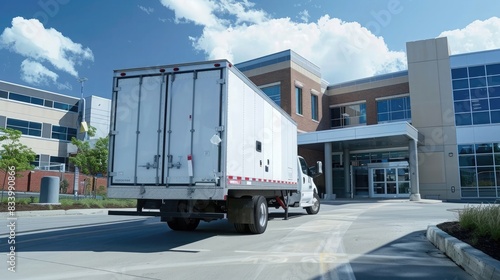 A medical supply delivery truck unloading supplies at a hospital