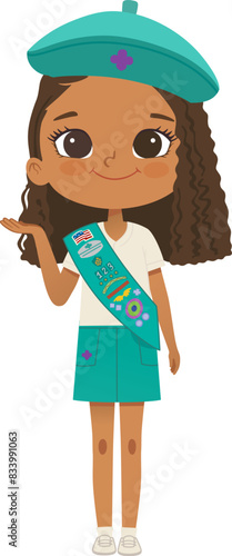 Smiling African American girl scout wearing sash with badges isolated on white background. Junior ligue Scout Girls troop