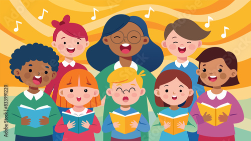 The vibrant energy and infectious enthusiasm of a childrens choir performance as they joyfully belt out catchy tunes and catchy choruses.. Vector illustration