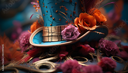 Close-up of a cracked colourful vintage top hat amidst whimsical flowers. Mad hatter vibe background 