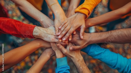 Close up top view of young business people putting their hands together. 