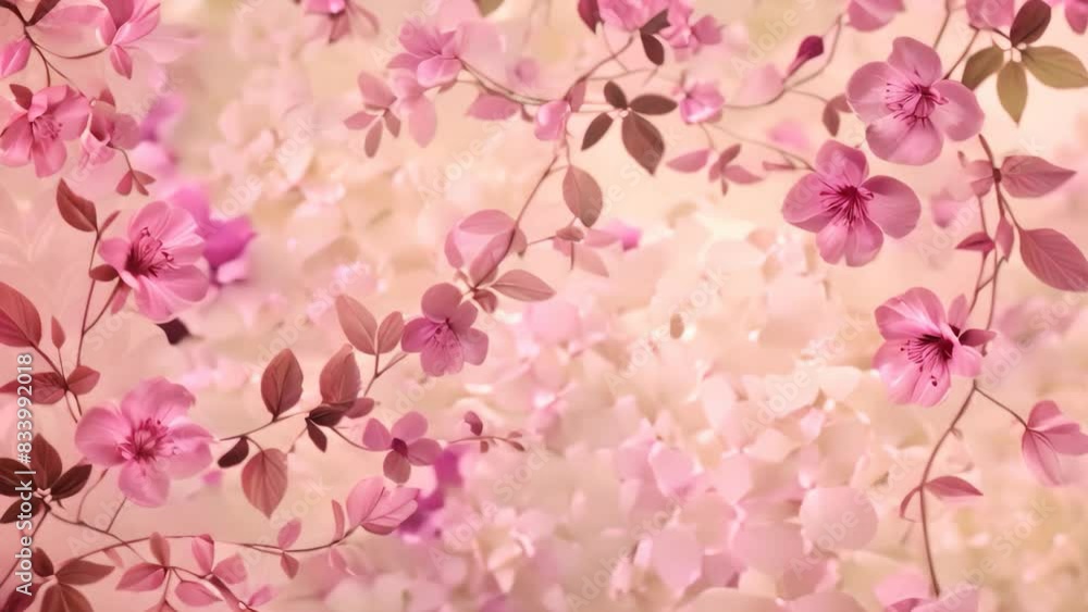 Pink flowers and leaves on a romantic pink background, A romantic pink background with subtle floral motifs Pink flowers and leaves on a romantic pink background, A romantic pink background with subtle floral motifs