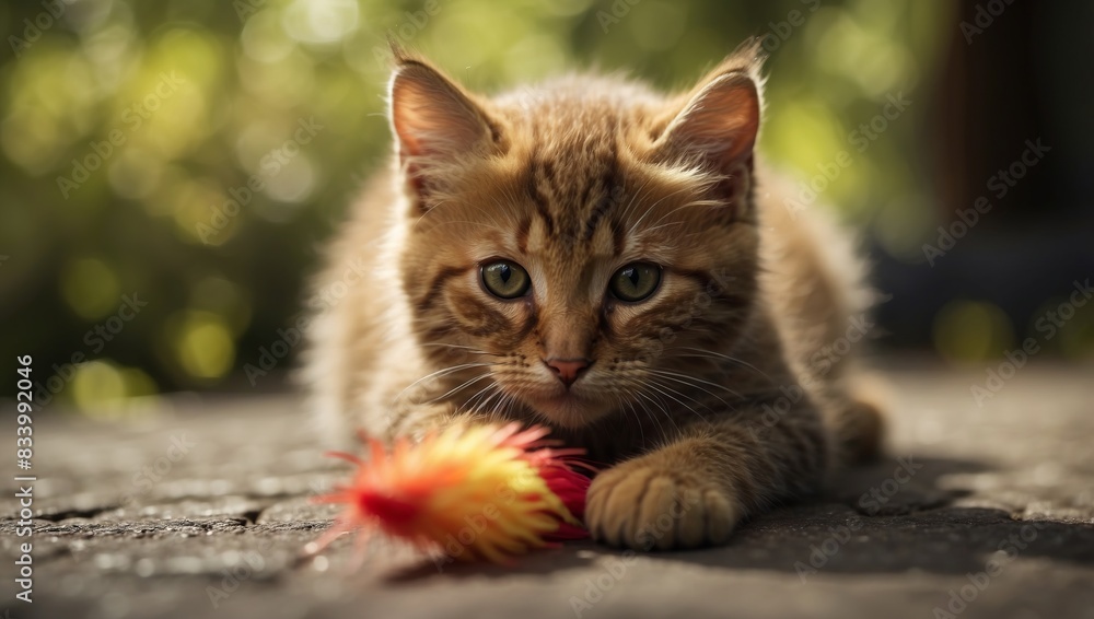 Graceful Kitten Engrossed in Playful Pursuit of a Vibrant Feather Toy. Graceful Kitten Engrossed in Playful Pursuit of a Vibrant Feather Toy.