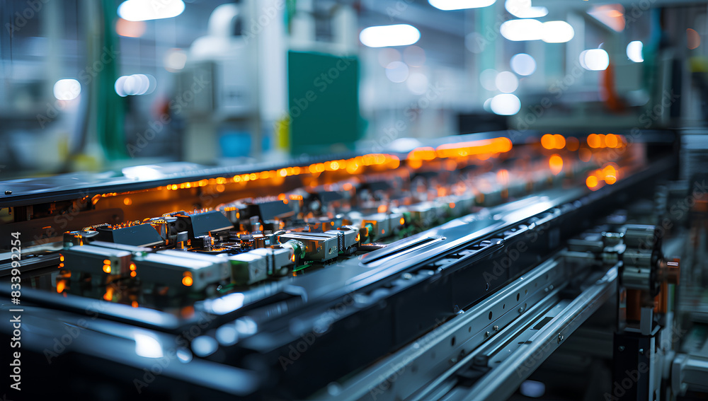 Mass production assembly line of electric vehicle battery cells close-up view
Mass production assembly line of electric vehicle battery cells close-up view