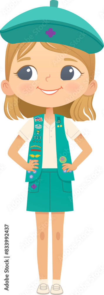 Young smiling blond girl scout wearing vest with badges isolated on white background. Female scouter, Junior ligue Scout Girls troop Young smiling blond girl scout wearing vest with badges isolated on white background. Female scouter, Junior ligue Scout Girls troop
