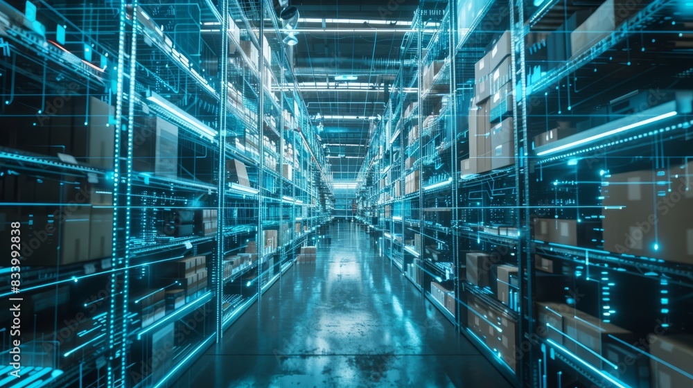 custom made wallpaper toronto digitalFuturistic Technology Retail Warehouse: Digitalization and Visualization of Industry 4.0 Process that Analyzes Goods. Generative Ai