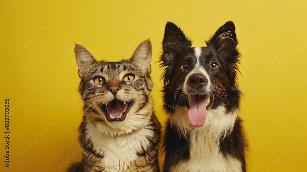 Grey striped tabby cat and a border collie dog with happy expression together on yellow background