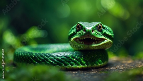 The original sin Green snake with mouth open on a green background. photo