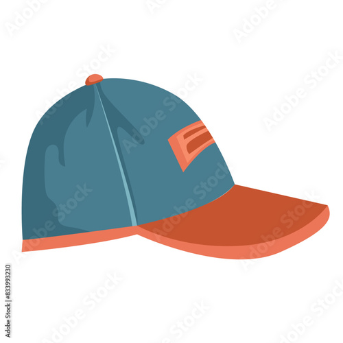 Color illustration of a baseball cap in flat style, isolated on a white background. Summer headdress. Men's clothing. Vector illustration
