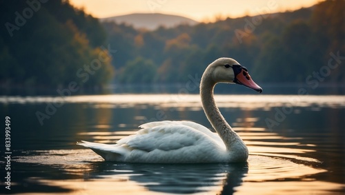 Graceful Swan Glides on a Serene Lake in a Double Exposure Silhouette.