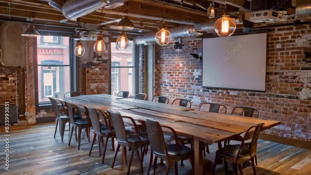 Rustic Conference Room A rustic conference room featuring a long table, chairs, and a ...