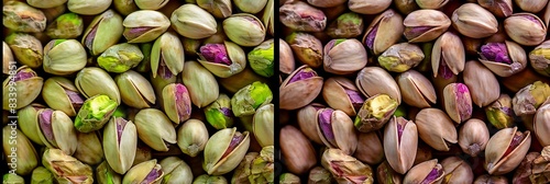 Side-by-side comparison of shelled and unshelled pistachios, showcasing their transformation from natural state to ready-to-eat form.
 photo