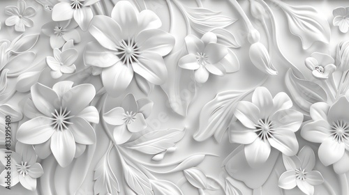 3D floral wallpaper design, repeat pattern, white color only photo