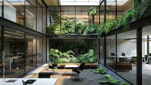 A modern, glass-walled office with a central courtyard and a living green wall photo
