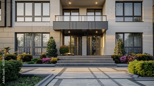 Modern house entrance with symmetrical design, clean lines, and lush greenery.