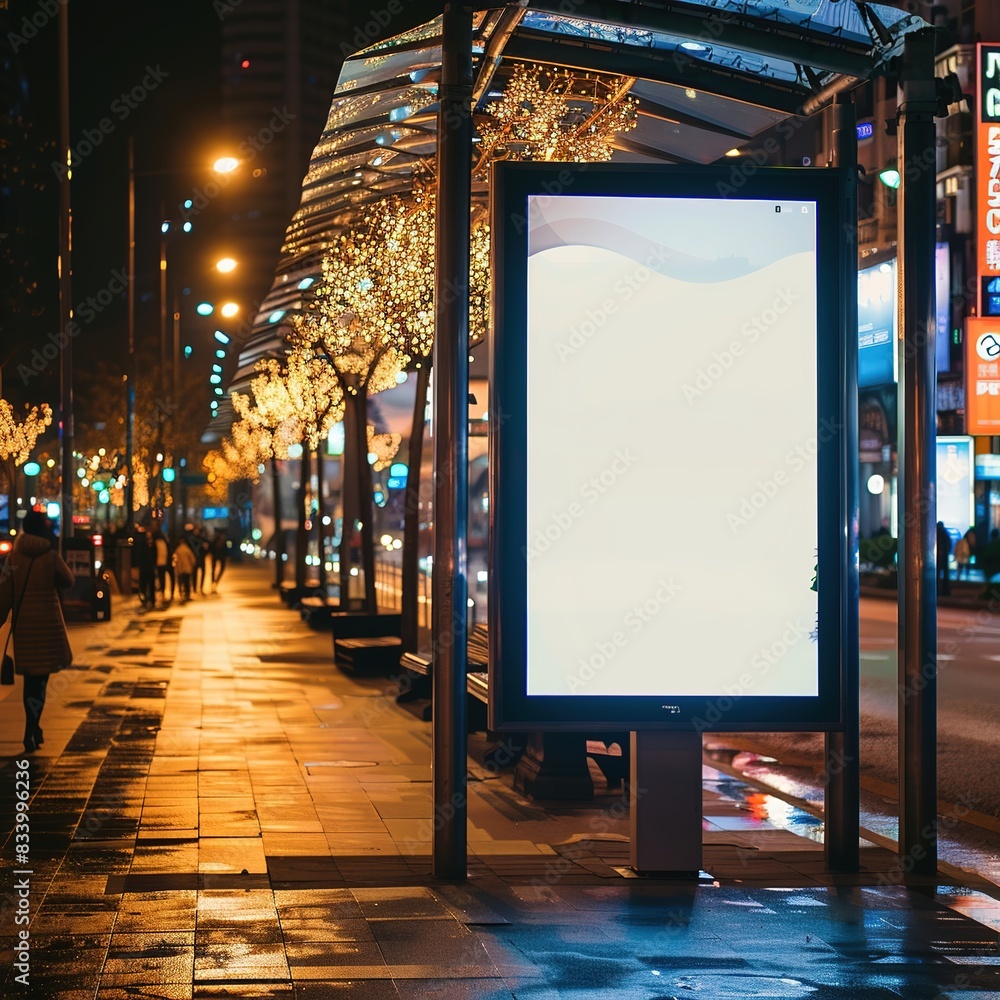 Blank white vertical digital billboard poster on city street bus stop sign at night Blank white vertical digital billboard poster on city street bus stop sign at night