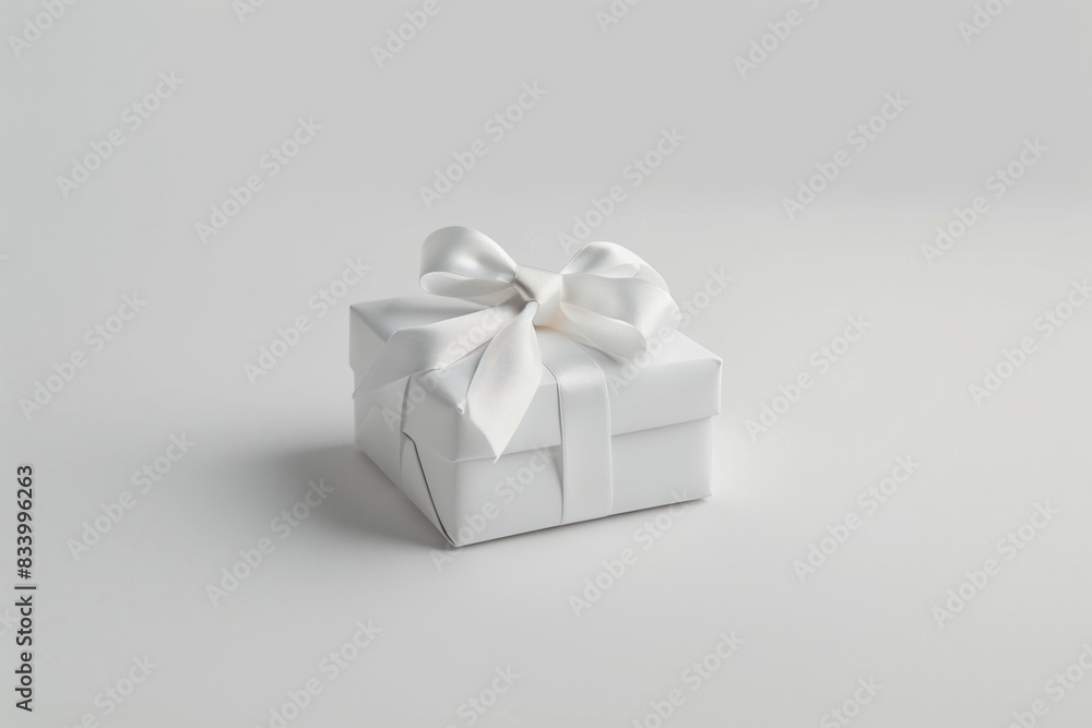 Minimalist gift on a white background with a simple white ribbon bow Minimalist gift on a white background with a simple white ribbon bow