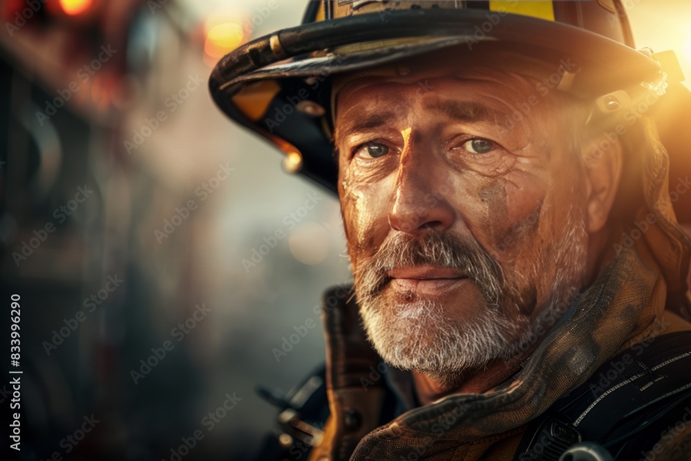 Mature firefighter, confident, professional, digital SLR, standard zoom, daytime, fire station portrait, digital, high realism, emergency light. , background blur Mature firefighter, confident, professional, digital SLR, standard zoom, daytime, fire station portrait, digital, high realism, emergency light. , background blur