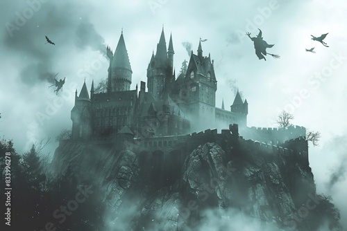 Haunted castle with flying witches and bats in a foggy atmosphere