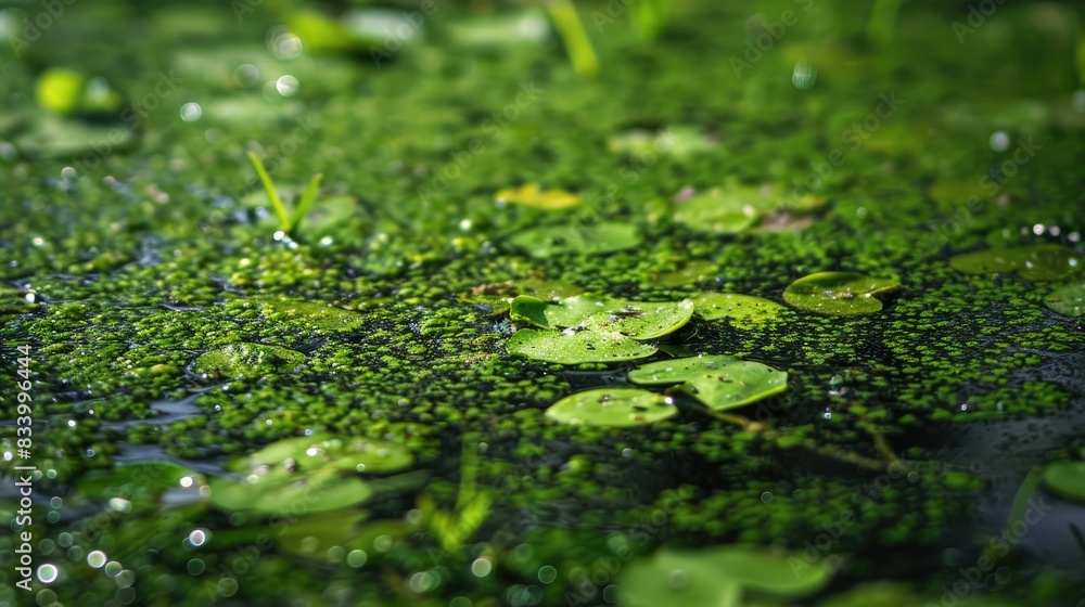 Close up photograph of a swamp pond surface covered in duckweed Close up photograph of a swamp pond surface covered in duckweed