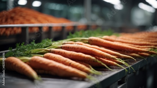 Closeup fresh raw carrots on the conveyor belt.