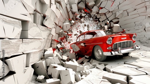 Fototapeta Naklejka Na Ścianę i Meble -  3d wallpaper design with a classic car driving through a broken wall