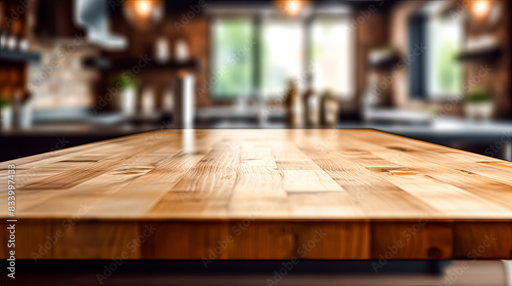 A kitchen with a wooden countertop and a view of the cabinets. A kitchen with a wooden countertop and a view of the cabinets.