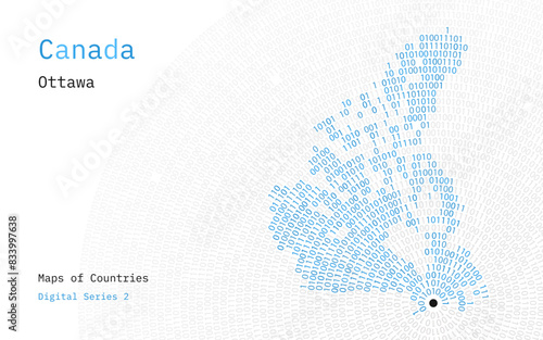A map of Canada depicted in zeros and ones in the form of a circle. The capital, Ottawa, is shown in the center of the circle	