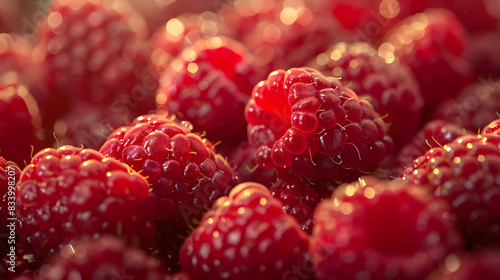 Close-up of fresh raspberries in sunlight. Generative by AI