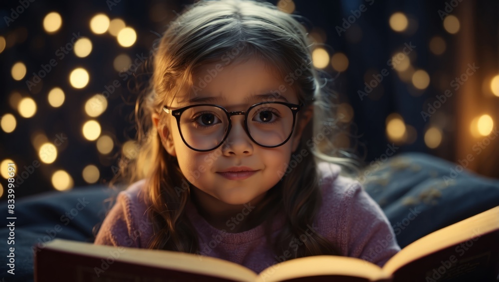 Cute little girl in glasses reading a book on a dark background. Cute little girl in glasses reading a book on a dark background.