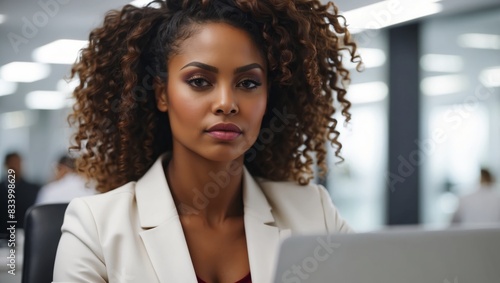 Closeup African American business woman using laptop while sitting at the office with white interior.