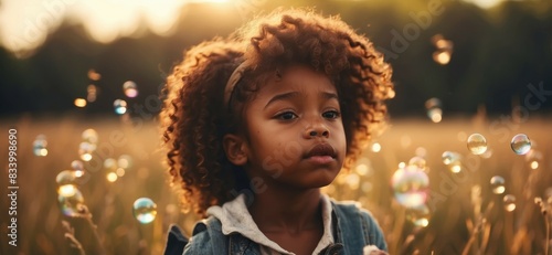 Cute little African-American girl blowing soap bubbles in a field. photo