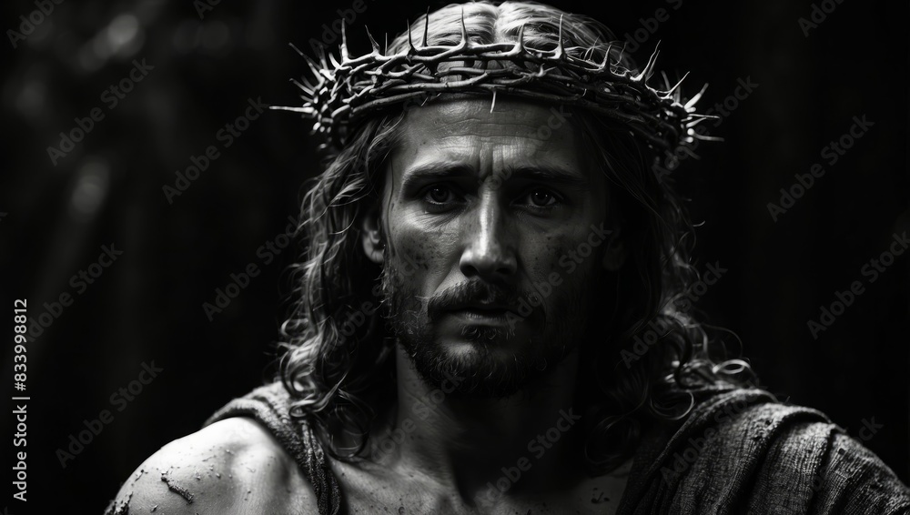 Jesus Christ with crown of thorns on dark background, black and white. Jesus Christ with crown of thorns on dark background, black and white.