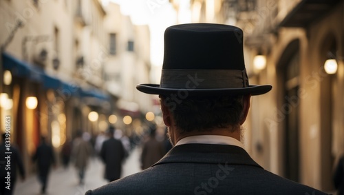 Rear view of a Jewish man wearing a top hat in the streets of Jerusalem.