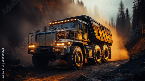 A heavy-duty mining truck with bright lights  surrounded by dust and forest in a dramatic scene
