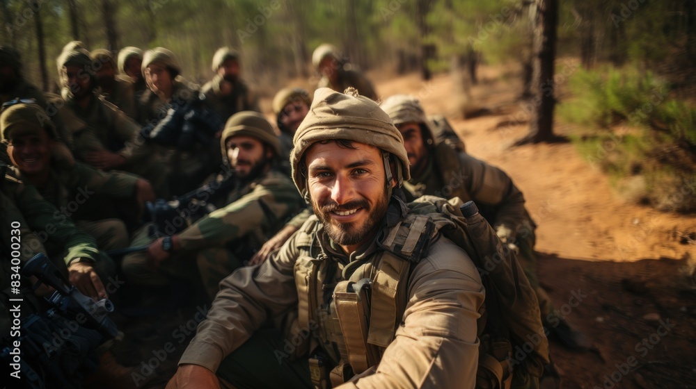 Smiling soldiers with weapons take a break in a sunlit forest during a military exercise