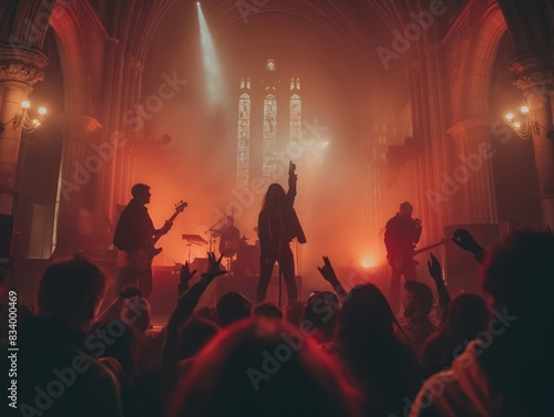 A group of people are at a concert in a church. The crowd is cheering and the band is playing