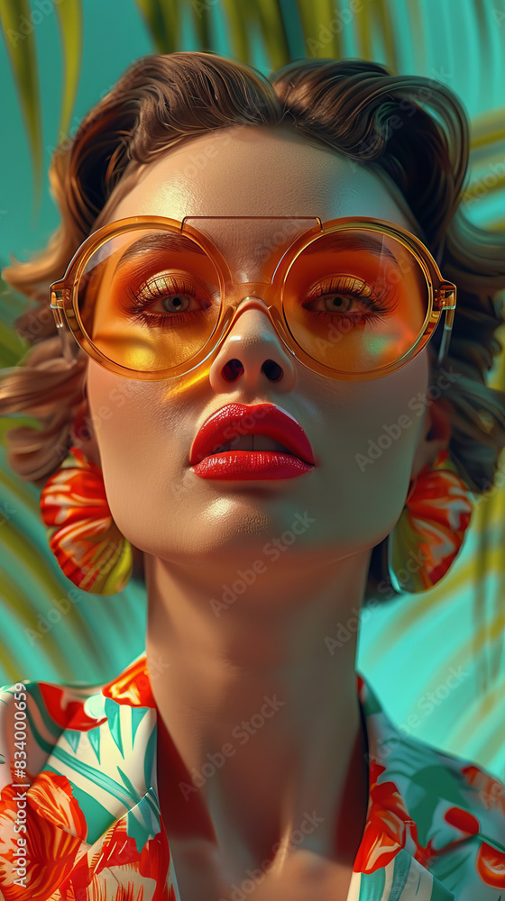 Retro style pastel colors summer background. Fashion woman wearing big sunglasses.