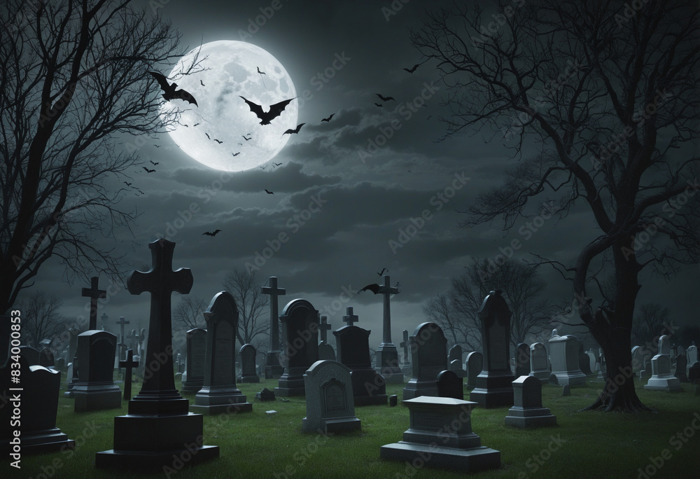 Dramatic and Gothic Halloween Scene: Haunted Cemetery at Night with Creepy Graveyard Silhouettes against a Dark Sky Dramatic and Gothic Halloween Scene: Haunted Cemetery at Night with Creepy Graveyard Silhouettes against a Dark Sky