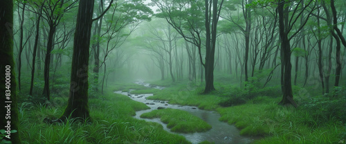 Enveloped in a lush woodland during the rainy spring season